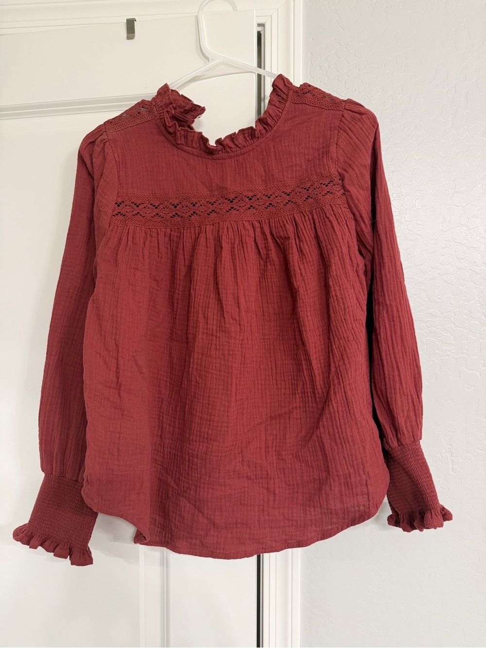 In Bloom Rust Red Ruffled Yoke Blouse
